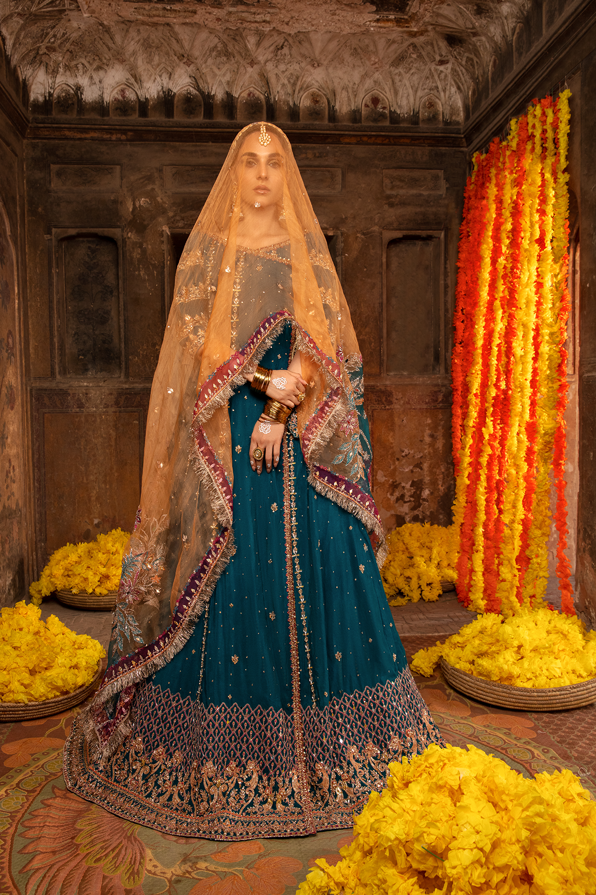 Teal Embroidered Khaddi Net Angrakha (3-Piece) - Image 5