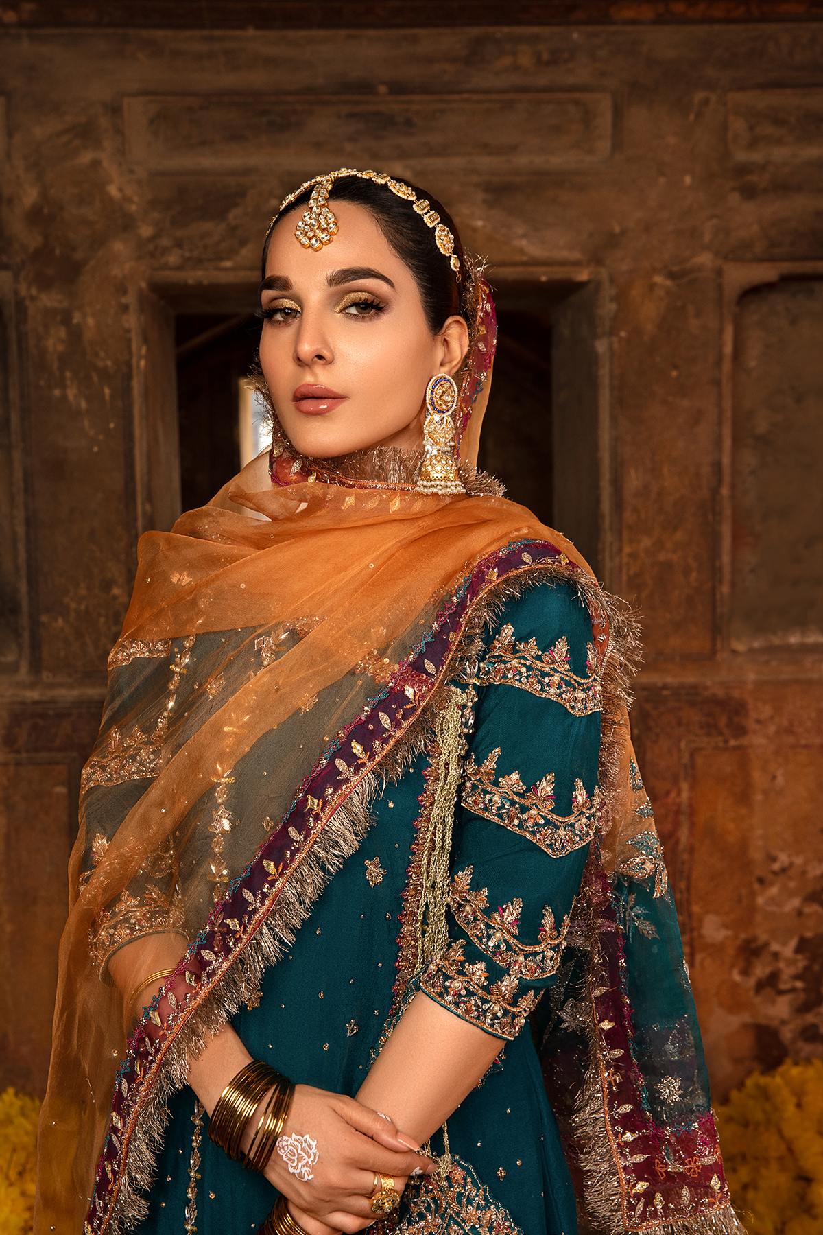 Teal Embroidered Khaddi Net Angrakha (3-Piece) - Image 6