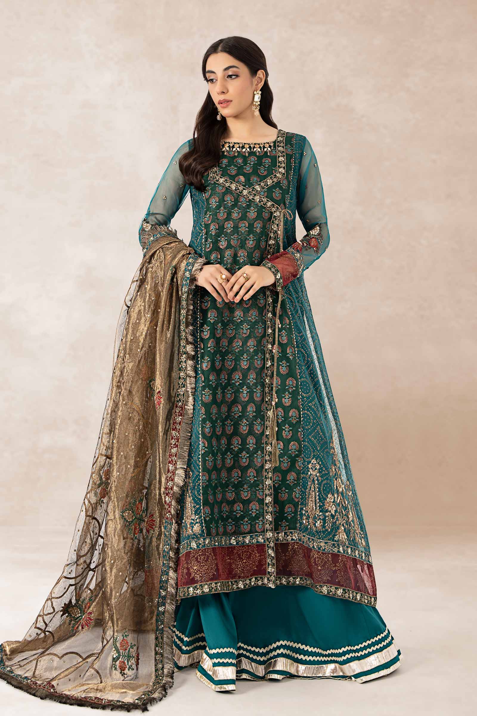 Pakistani Teal Embroidered Organza Angrakha (3-Piece) - Image 1