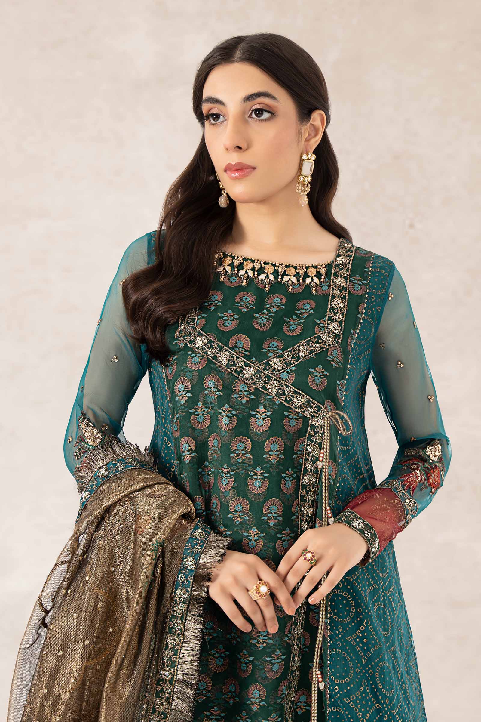 Pakistani Teal Embroidered Organza Angrakha (3-Piece) - Image 3
