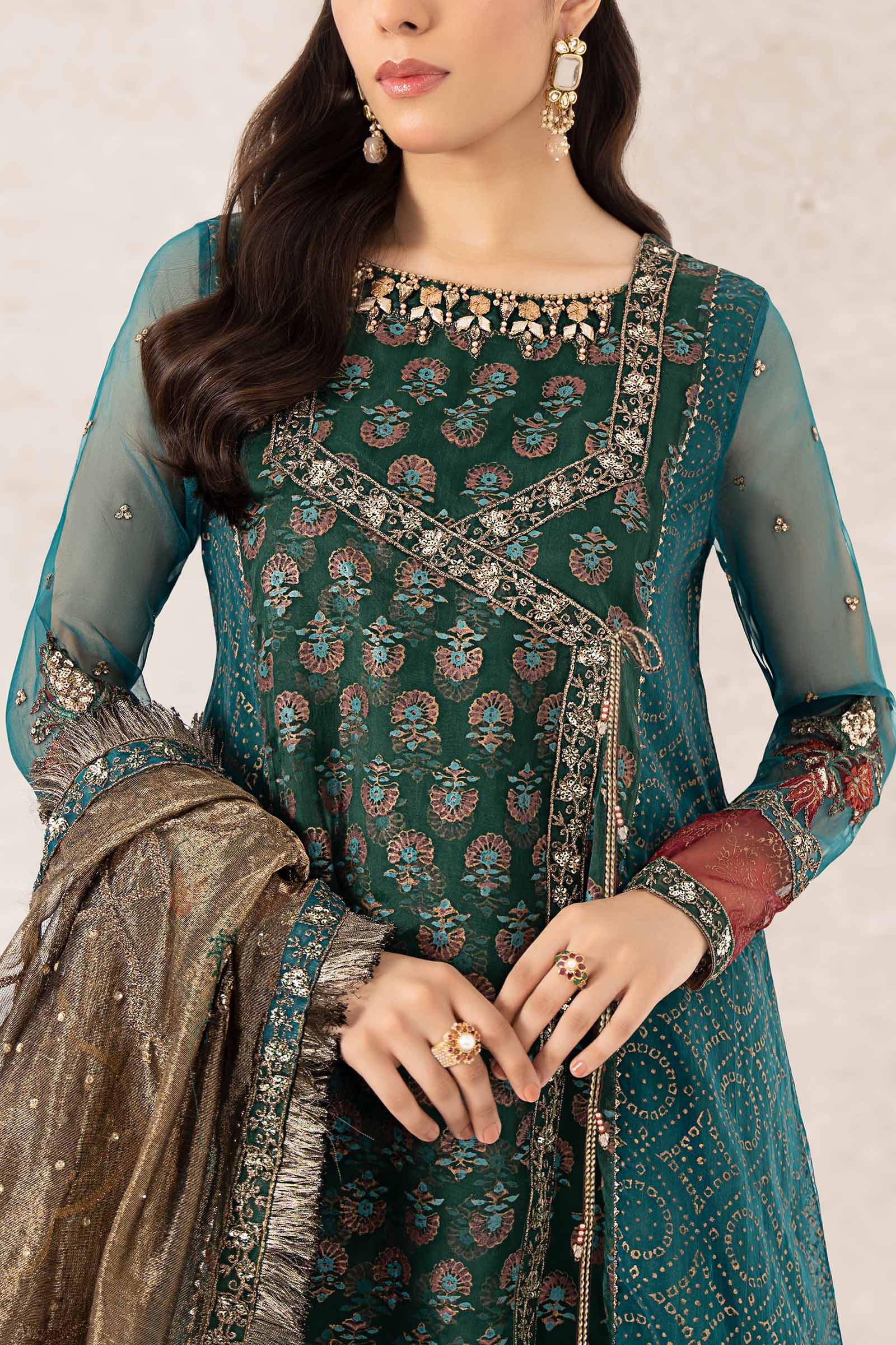Pakistani Teal Embroidered Organza Angrakha (3-Piece) - Image 4