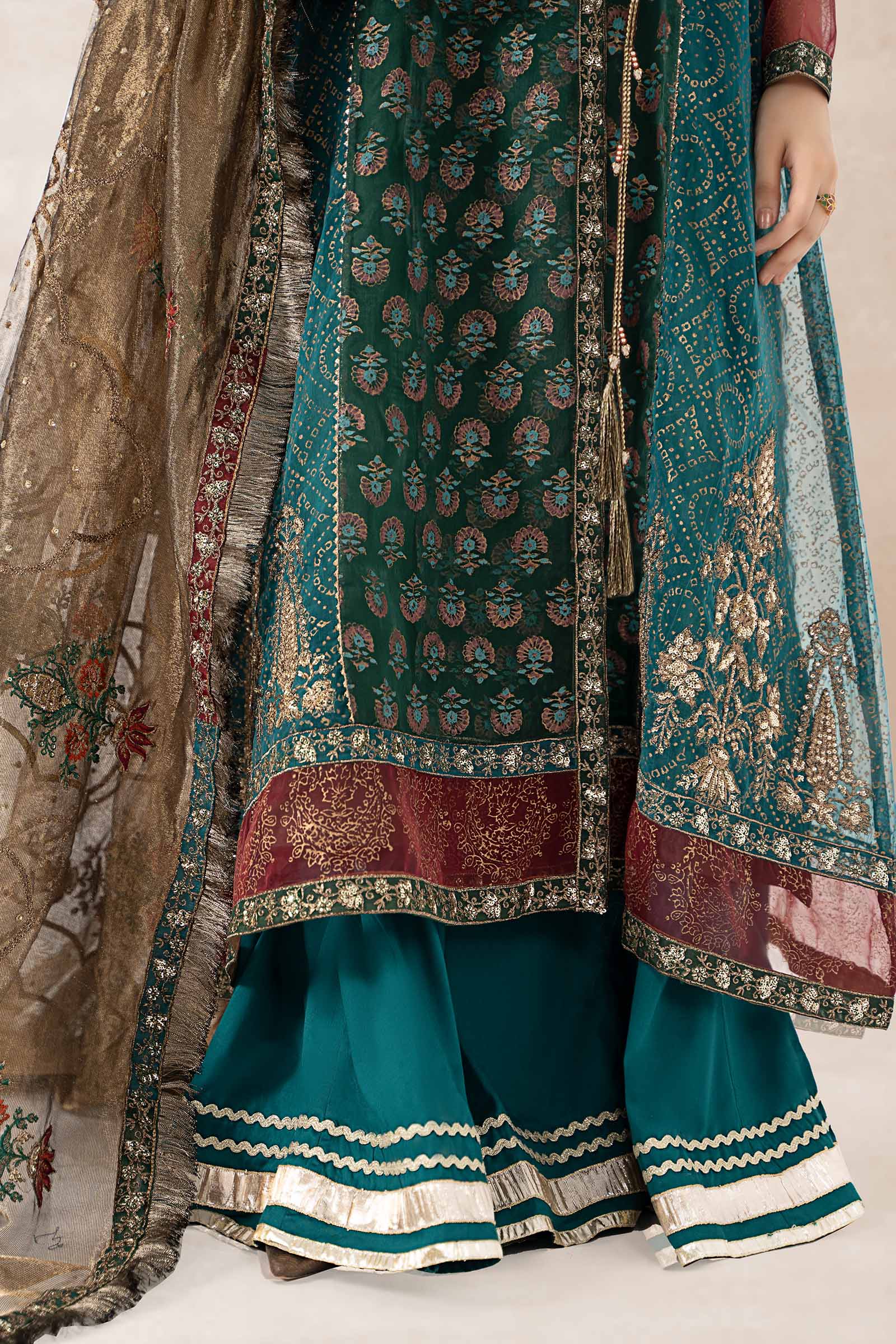 Pakistani Teal Embroidered Organza Angrakha (3-Piece) - Image 5
