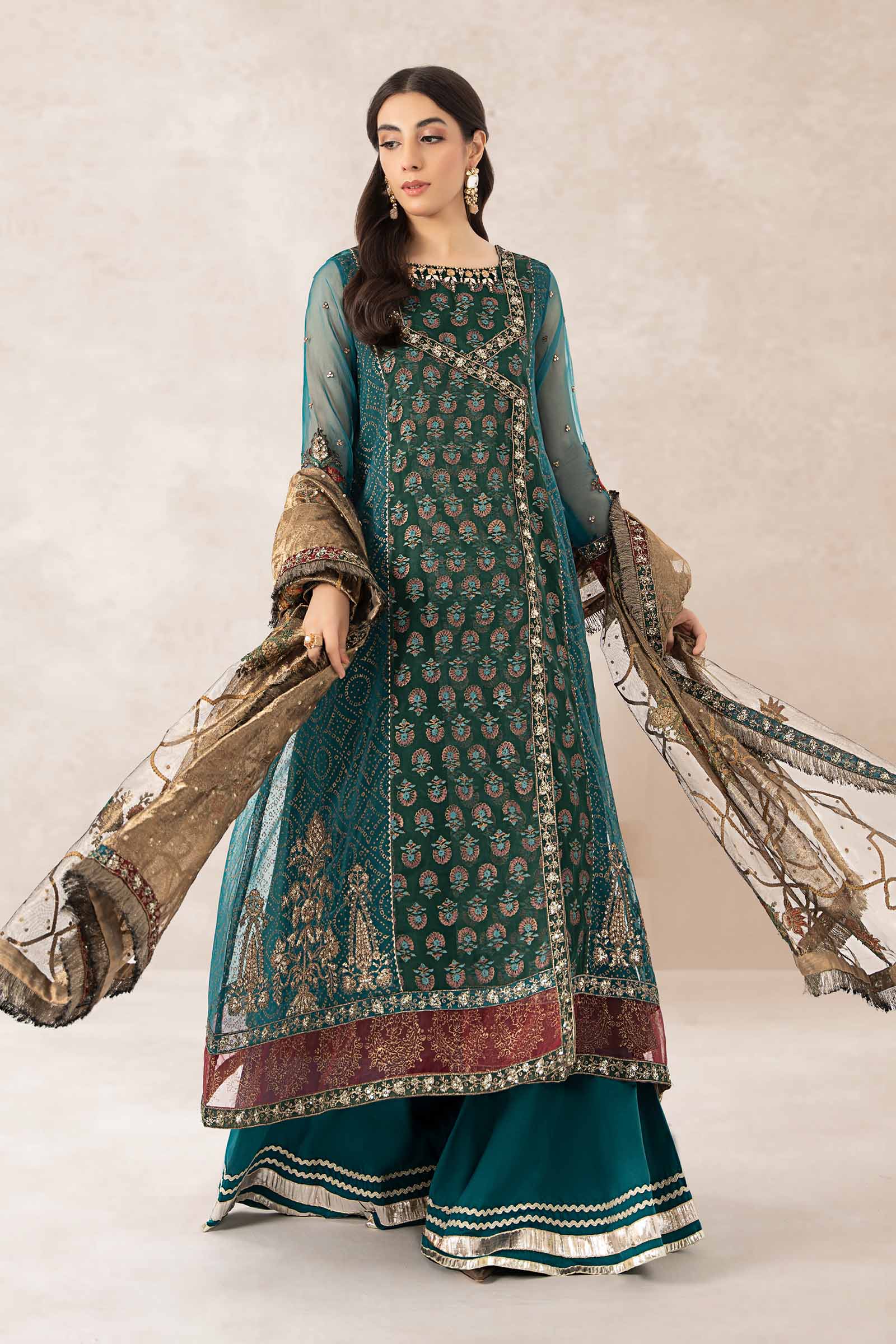 Pakistani Teal Embroidered Organza Angrakha (3-Piece) - Image 6