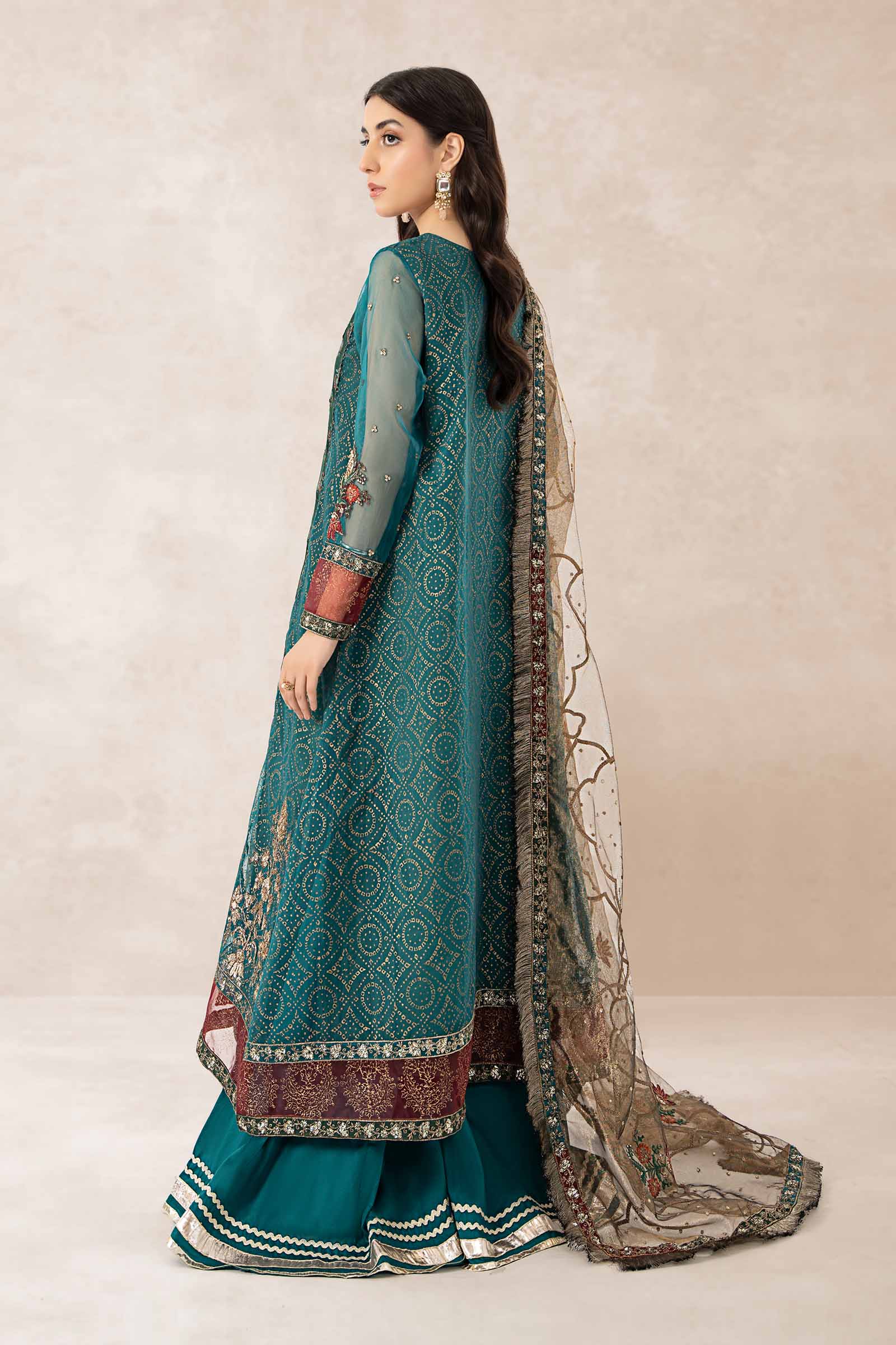 Pakistani Teal Embroidered Organza Angrakha (3-Piece) - Image 8