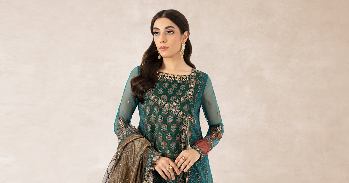 Pakistani Teal Embroidered Organza Angrakha (3-Piece) - Image 9