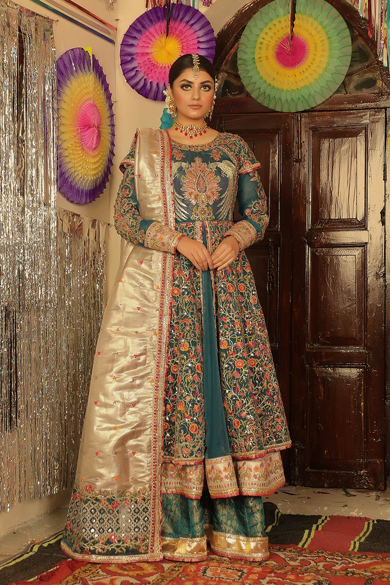 Teal Zardozi & Crystal Organza Angrakha (3-Piece) - Image 2