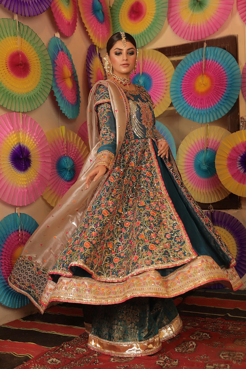 Teal Zardozi & Crystal Organza Angrakha (3-Piece) - Image 6