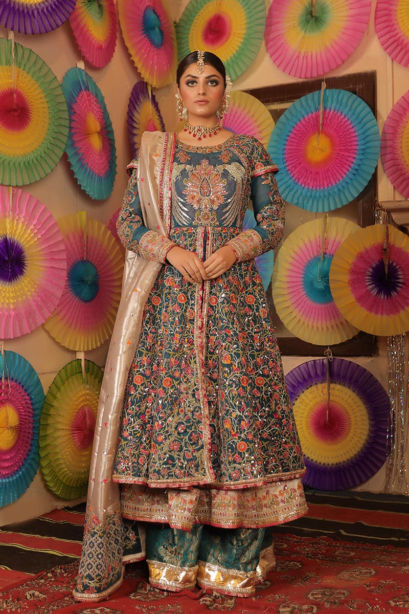 Teal Zardozi & Crystal Organza Angrakha (3-Piece) - Image 7