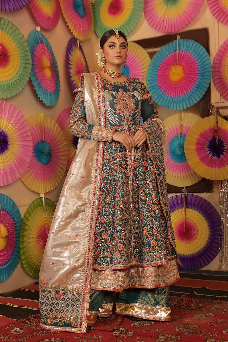 Teal Zardozi & Crystal Organza Angrakha (3-Piece) - Image 8