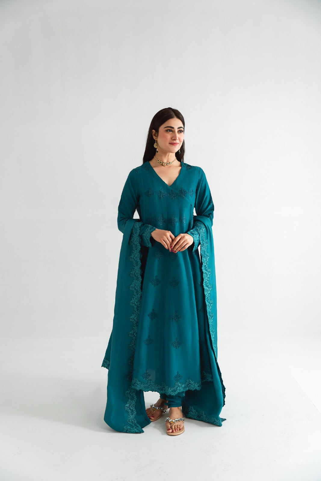Pakistani Teal Embroidered Pure Raw Silk Angrakha (3-Piece) - Image 1