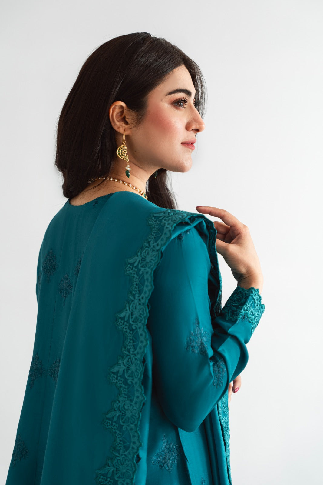 Pakistani Teal Embroidered Pure Raw Silk Angrakha (3-Piece) - Image 2