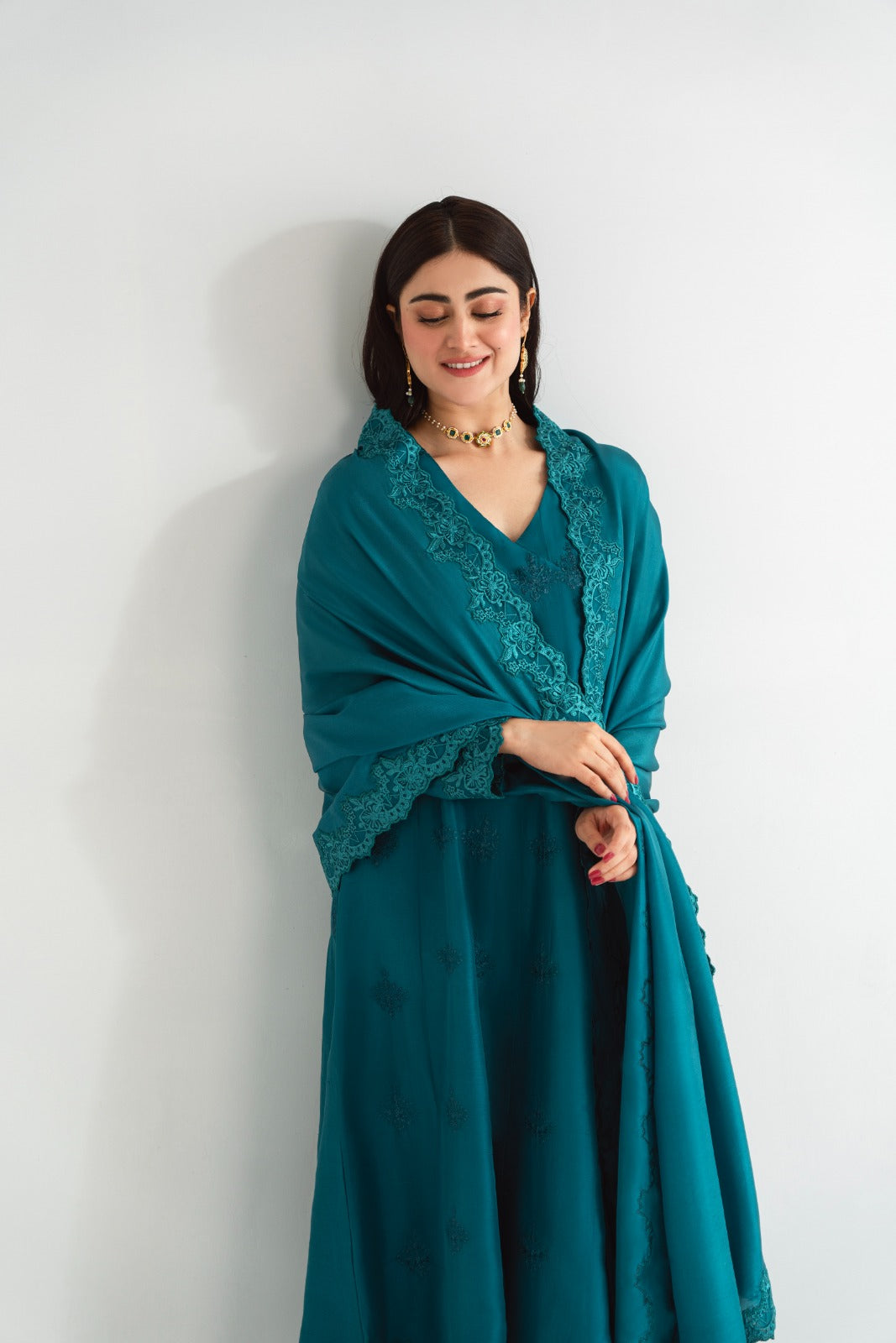 Pakistani Teal Embroidered Pure Raw Silk Angrakha (3-Piece) - Image 3