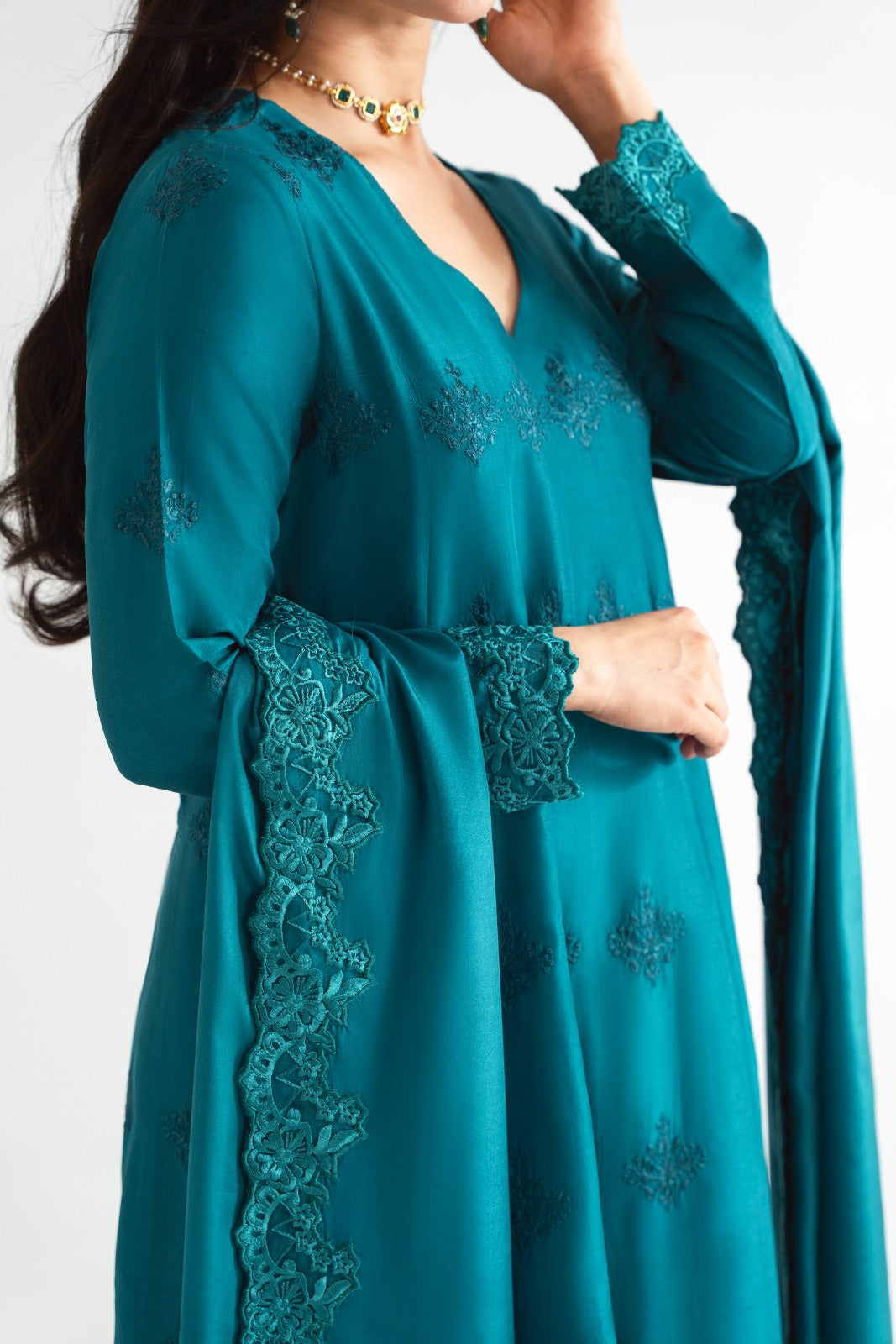 Pakistani Teal Embroidered Pure Raw Silk Angrakha (3-Piece) - Image 4