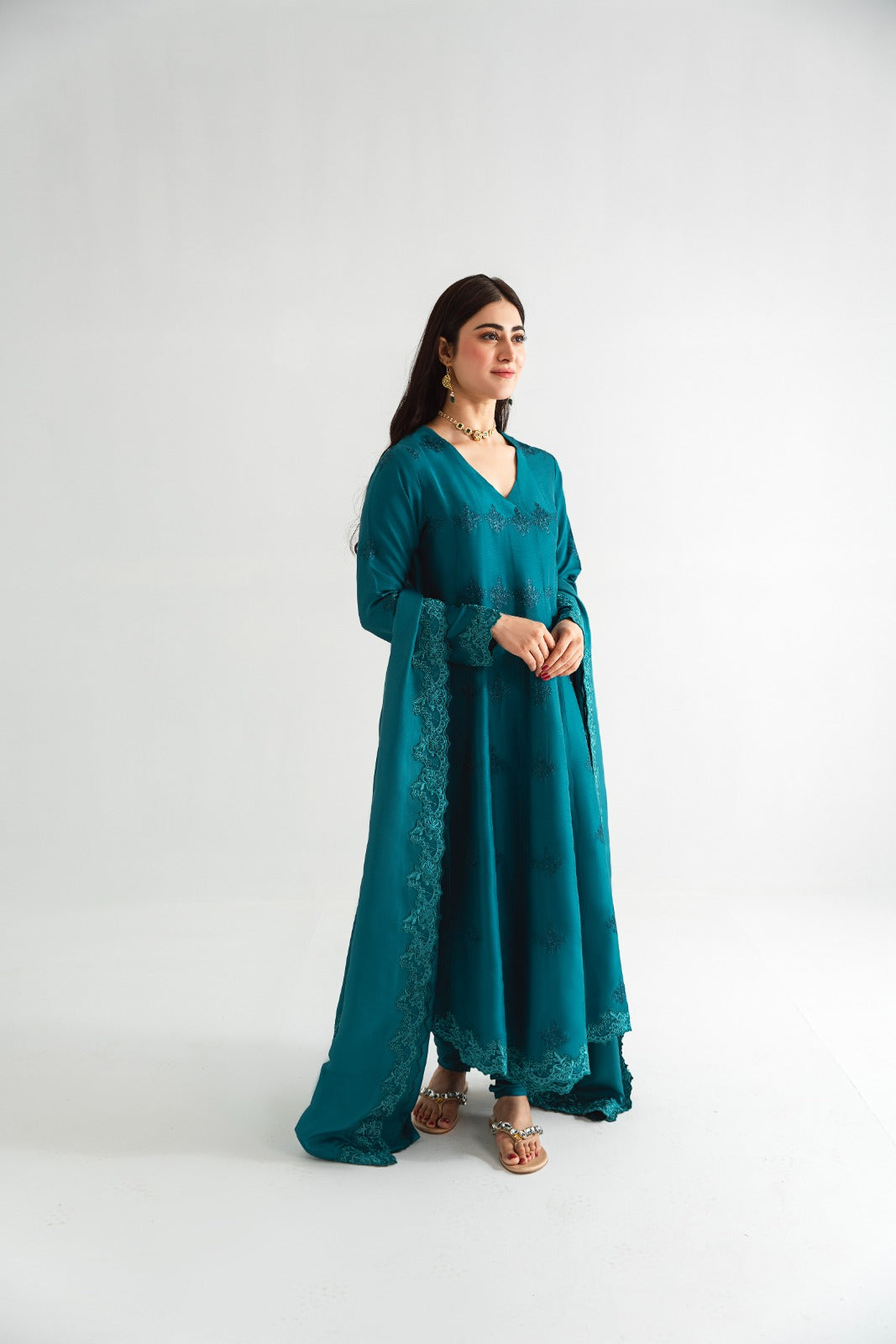 Pakistani Teal Embroidered Pure Raw Silk Angrakha (3-Piece) - Image 5
