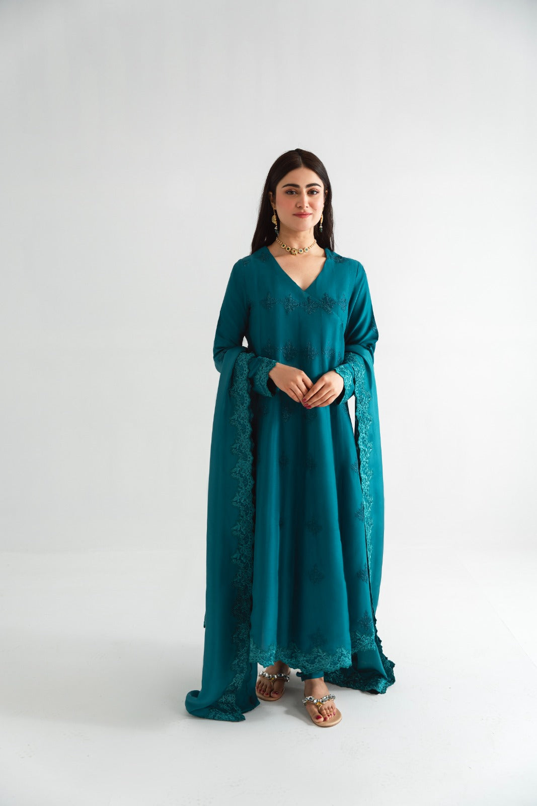 Pakistani Teal Embroidered Pure Raw Silk Angrakha (3-Piece) - Image 7
