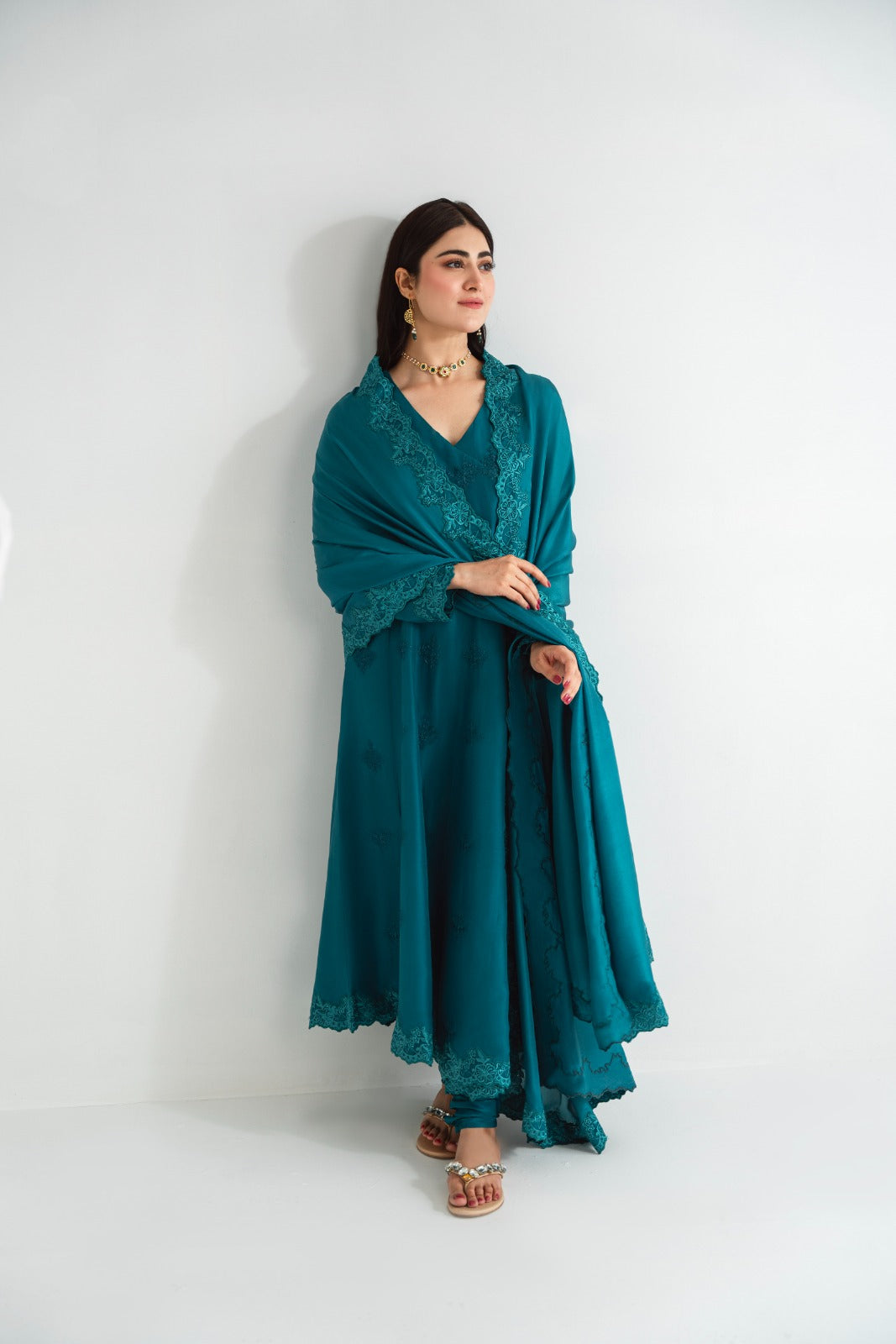 Pakistani Teal Embroidered Pure Raw Silk Angrakha (3-Piece) - Image 8