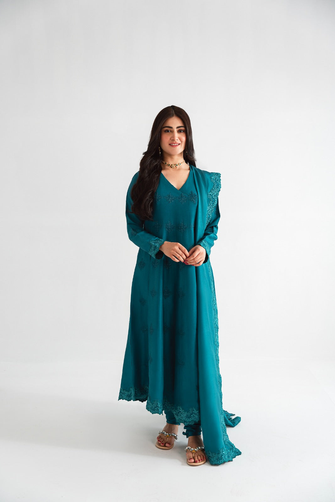 Pakistani Teal Embroidered Pure Raw Silk Angrakha (3-Piece) - Image 9