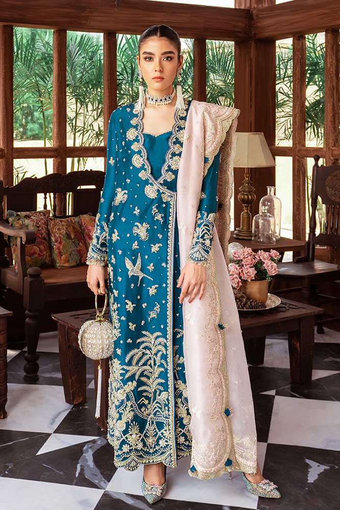 Dusty Teal Scenic Embroidered Raw Silk Angrakha (3-Piece) - Image 1