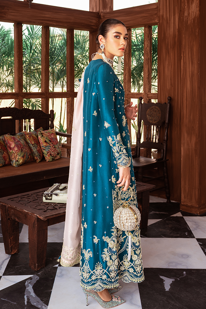 Dusty Teal Scenic Embroidered Raw Silk Angrakha (3-Piece) - Image 2