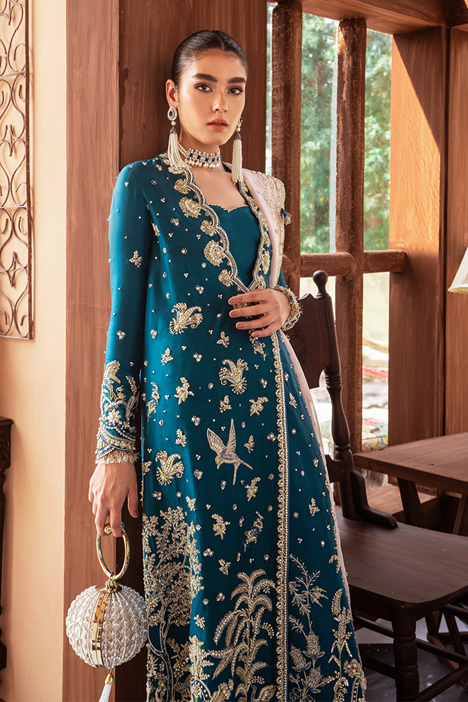 Dusty Teal Scenic Embroidered Raw Silk Angrakha (3-Piece) - Image 3