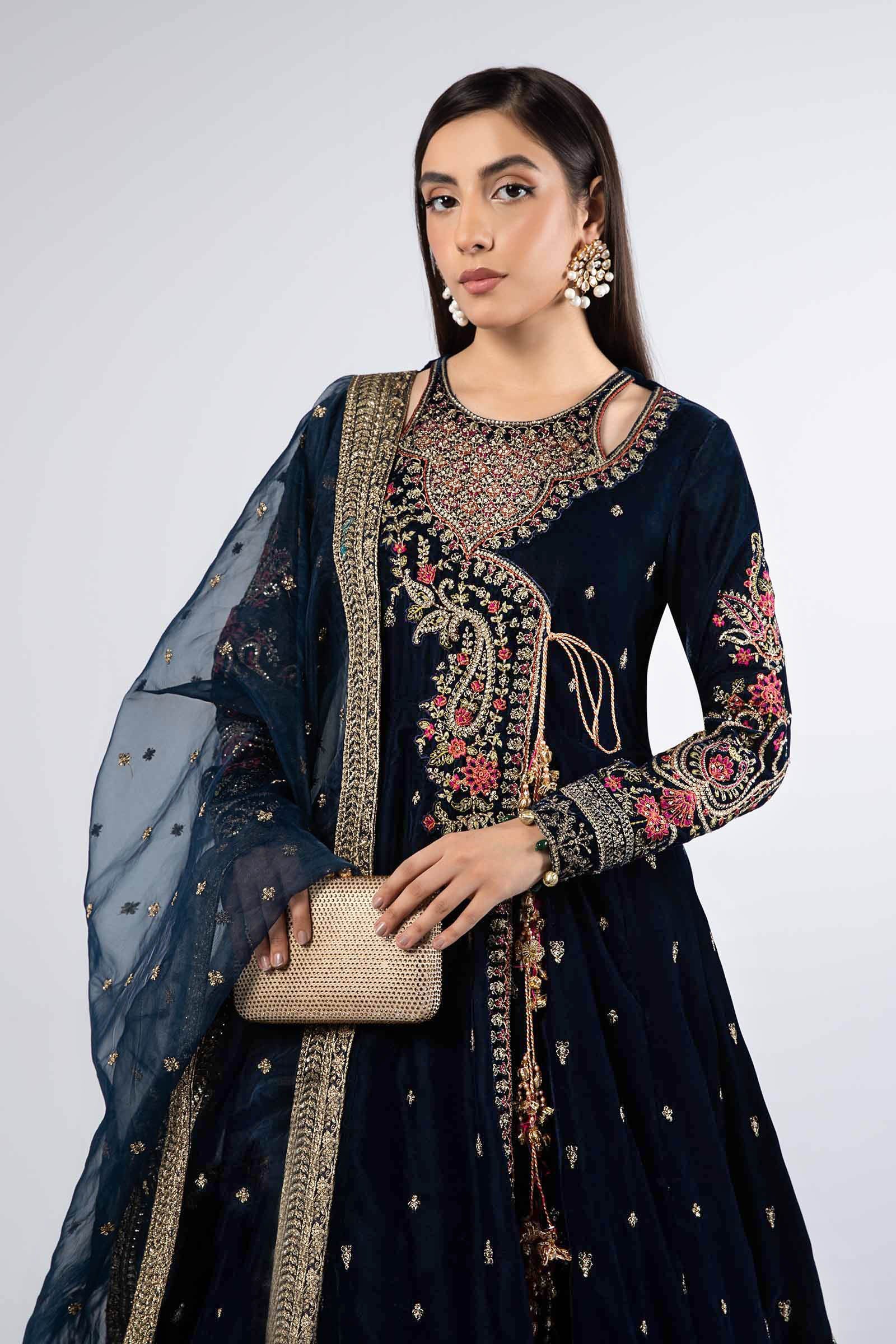 Teal Embroidered Velvet Angrakha Dress (3-Piece) - Image 2