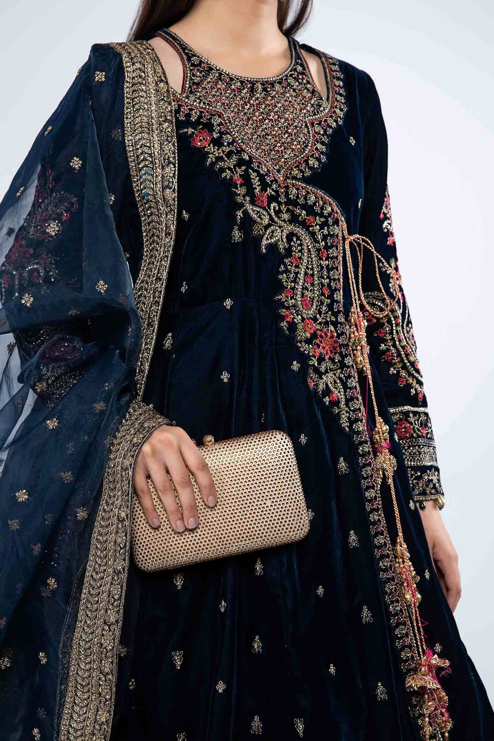 Teal Embroidered Velvet Angrakha Dress (3-Piece) - Image 3