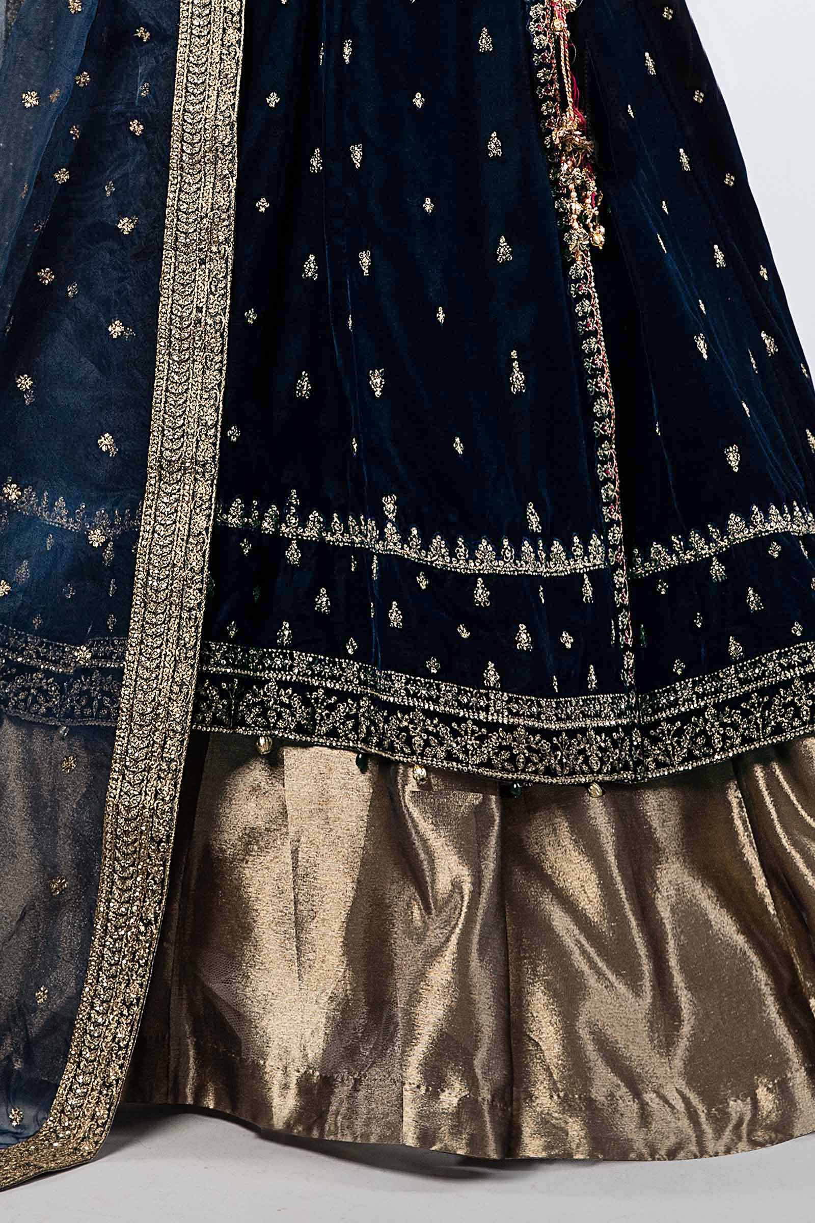 Teal Embroidered Velvet Angrakha Dress (3-Piece) - Image 4