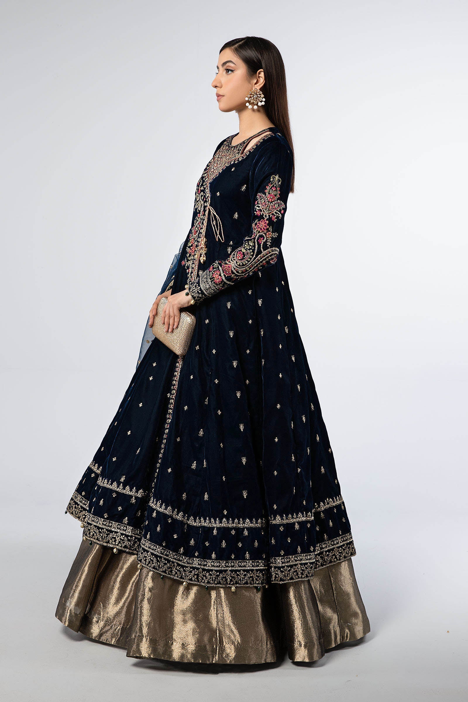 Teal Embroidered Velvet Angrakha Dress (3-Piece) - Image 5