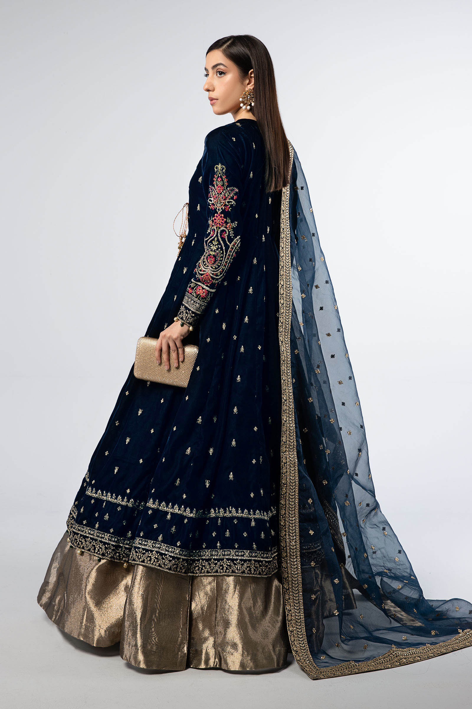 Teal Embroidered Velvet Angrakha Dress (3-Piece) - Image 6