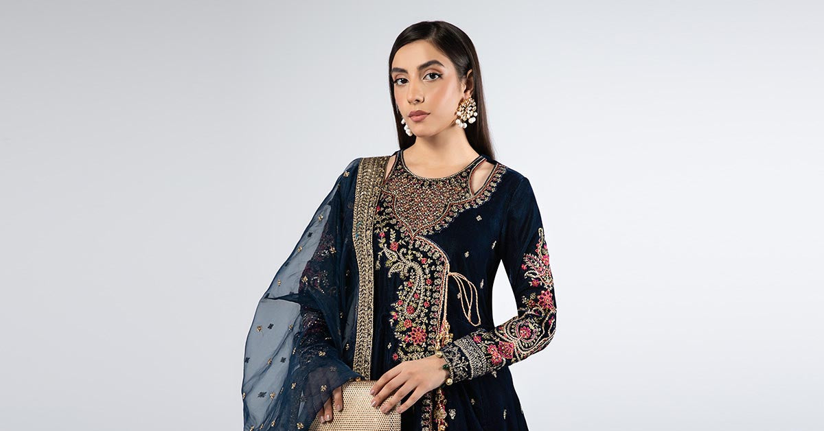 Teal Embroidered Velvet Angrakha Dress (3-Piece) - Image 7