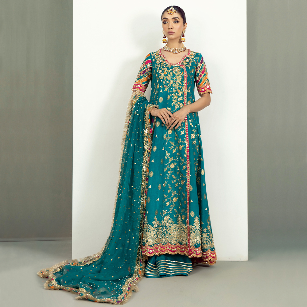 Pakistani Teal Zardozi Zarri Chiffon Kalidaar Angrakha (3-Piece) - Image 1