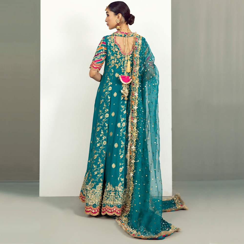 Pakistani Teal Zardozi Zarri Chiffon Kalidaar Angrakha (3-Piece) - Image 3