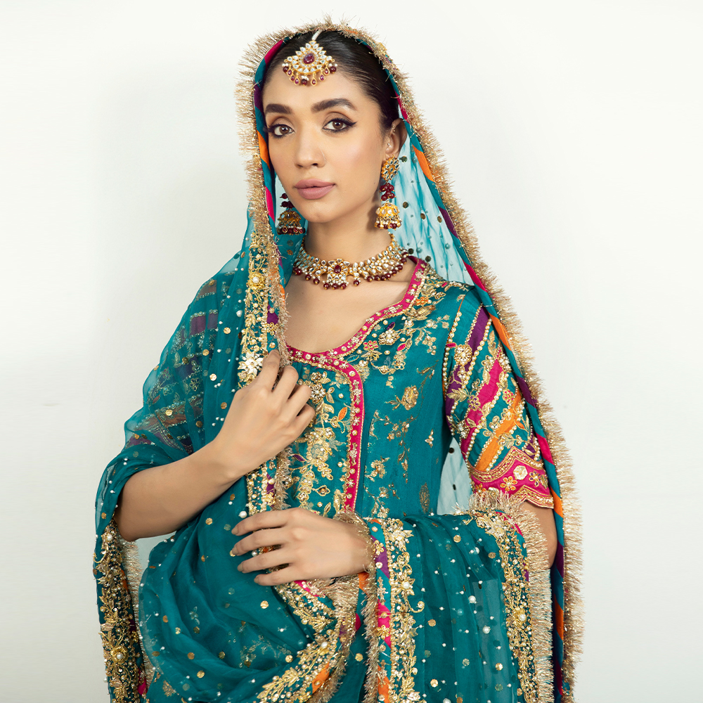 Pakistani Teal Zardozi Zarri Chiffon Kalidaar Angrakha (3-Piece) - Image 4