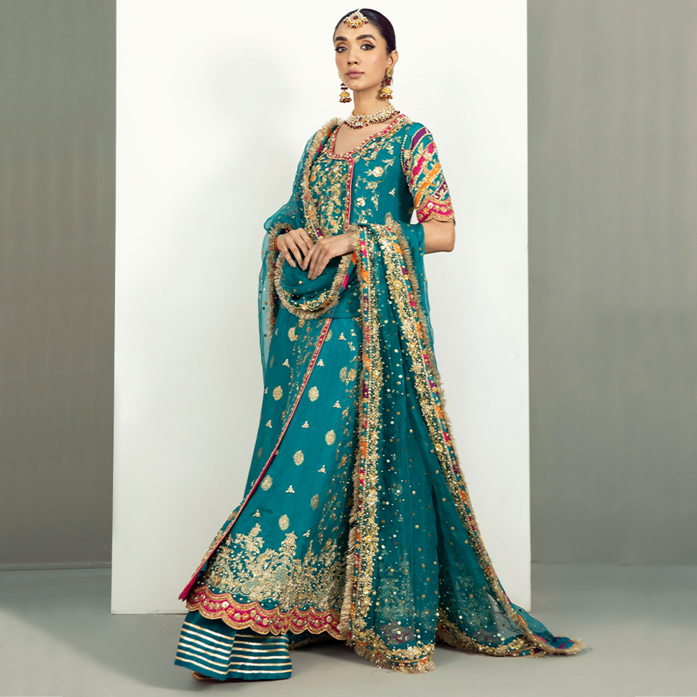 Pakistani Teal Zardozi Zarri Chiffon Kalidaar Angrakha (3-Piece) - Image 5