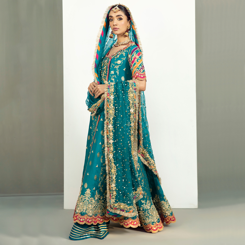 Pakistani Teal Zardozi Zarri Chiffon Kalidaar Angrakha (3-Piece) - Image 6