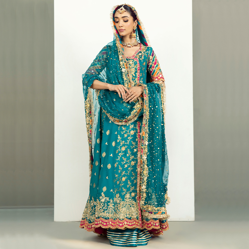 Pakistani Teal Zardozi Zarri Chiffon Kalidaar Angrakha (3-Piece) - Image 8