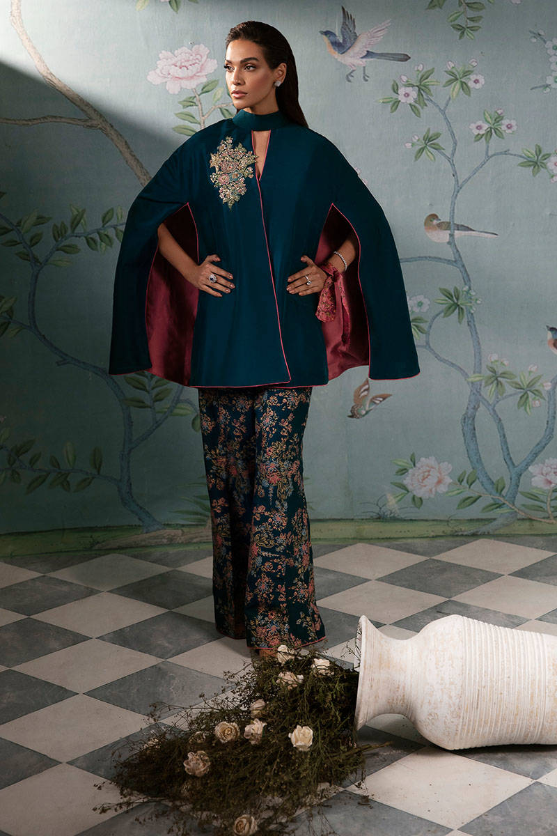 Teal Blue Embroidered Pure Raw Silk Cape Dress (2-Piece) - Image 2