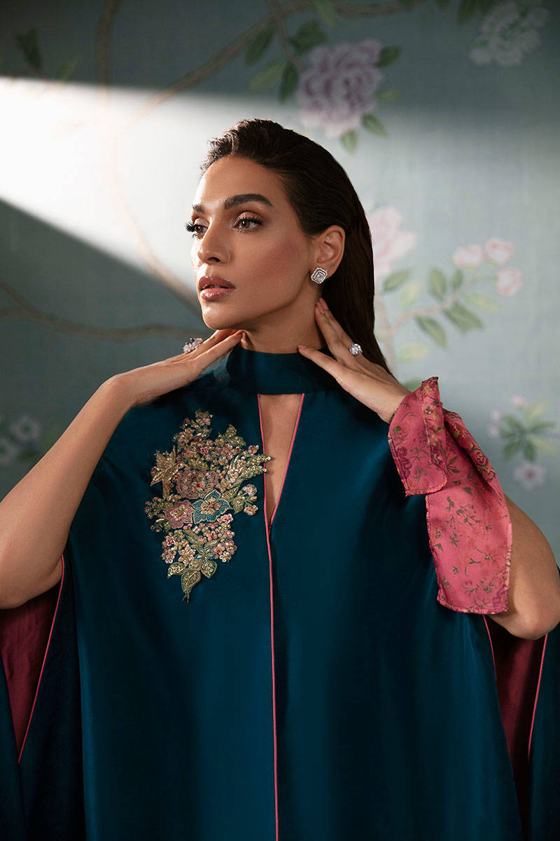 Teal Blue Embroidered Pure Raw Silk Cape Dress (2-Piece) - Image 3