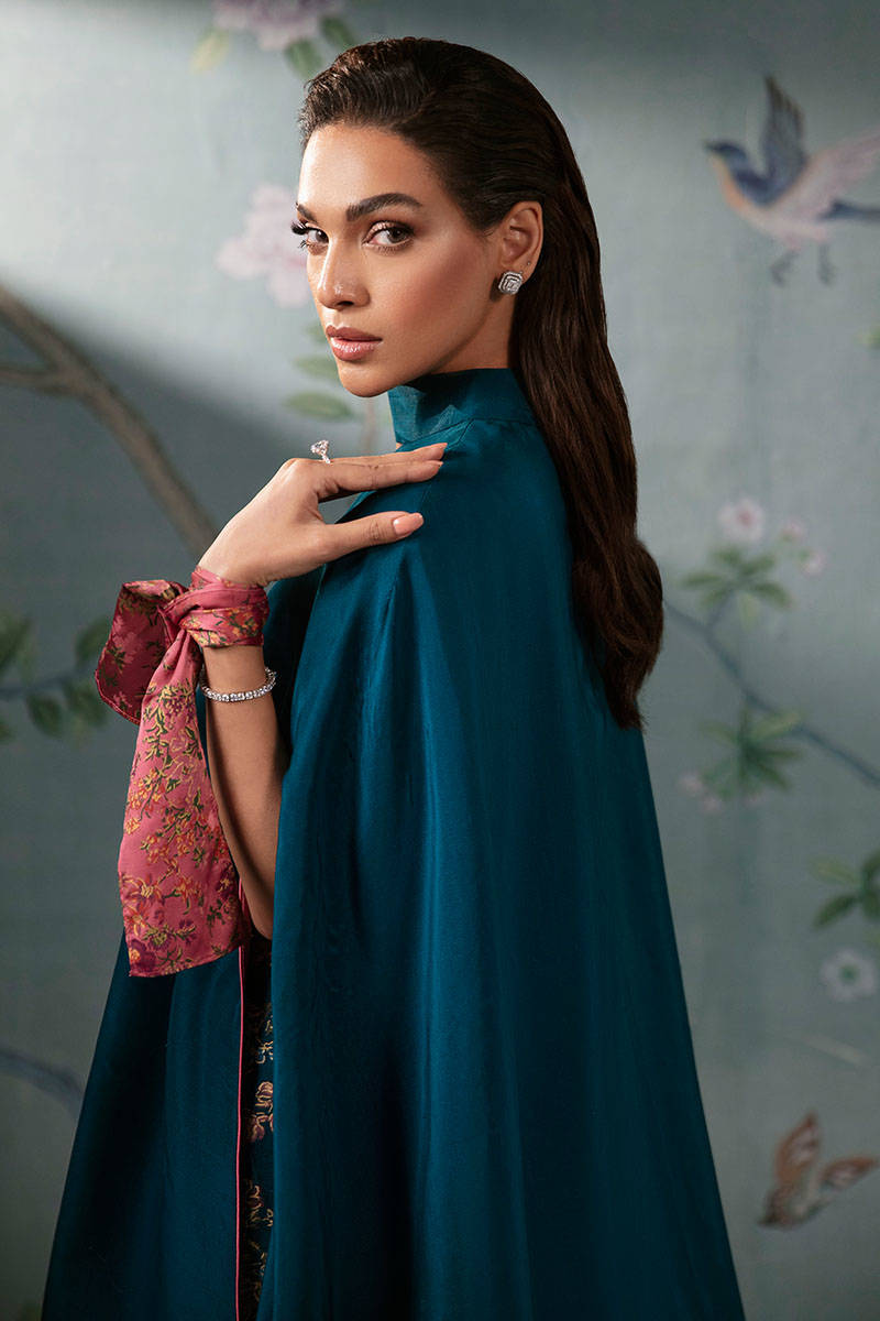 Teal Blue Embroidered Pure Raw Silk Cape Dress (2-Piece) - Image 4