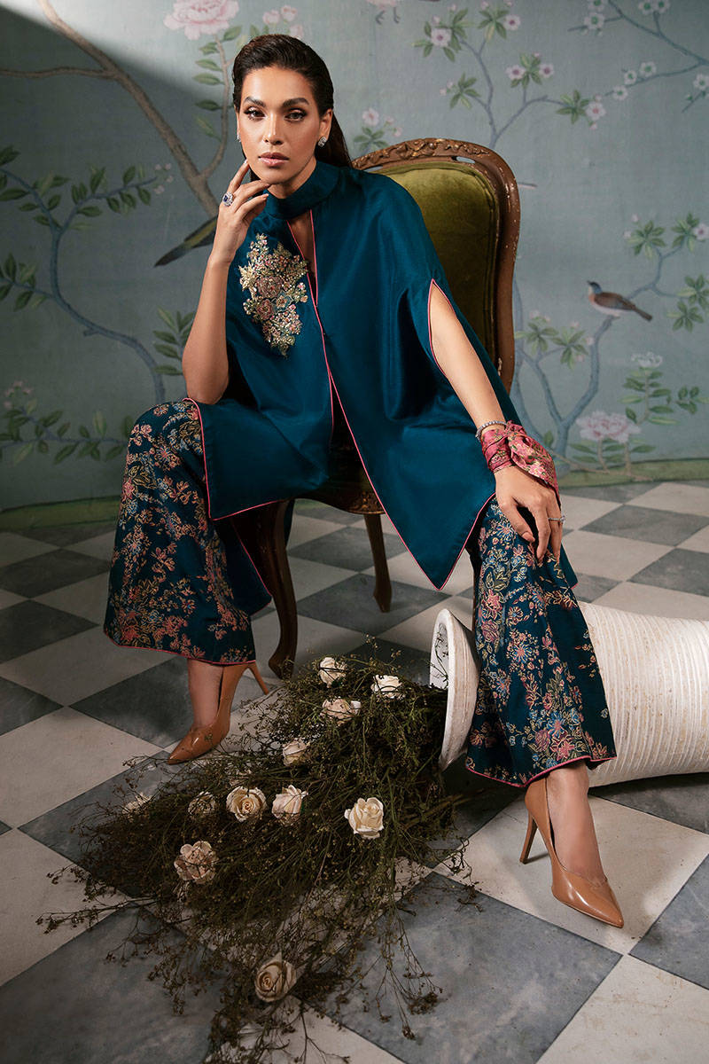 Teal Blue Embroidered Pure Raw Silk Cape Dress (2-Piece) - Image 5