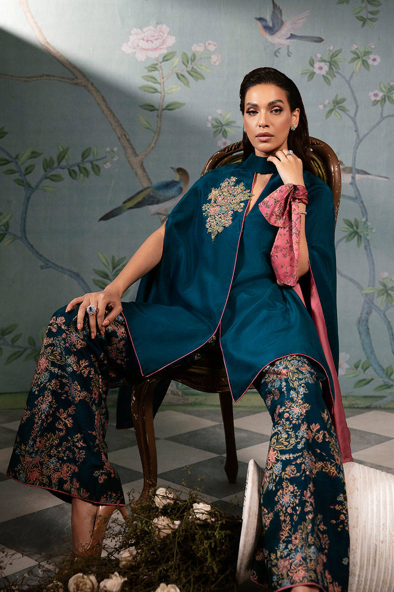 Teal Blue Embroidered Pure Raw Silk Cape Dress (2-Piece) - Image 6