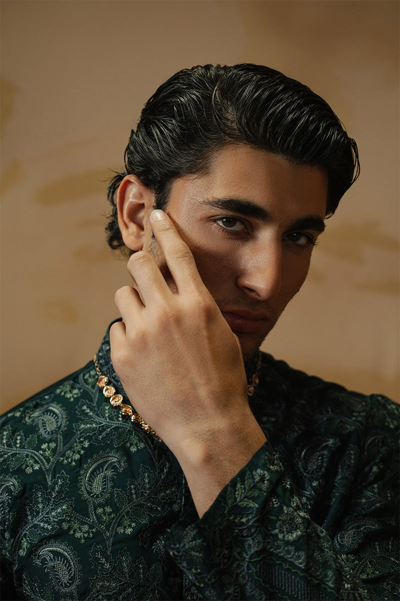 Teal Paisley Tilla Embroidered Silk-Blend Kurta Pajama (2-Piece) - Image 3