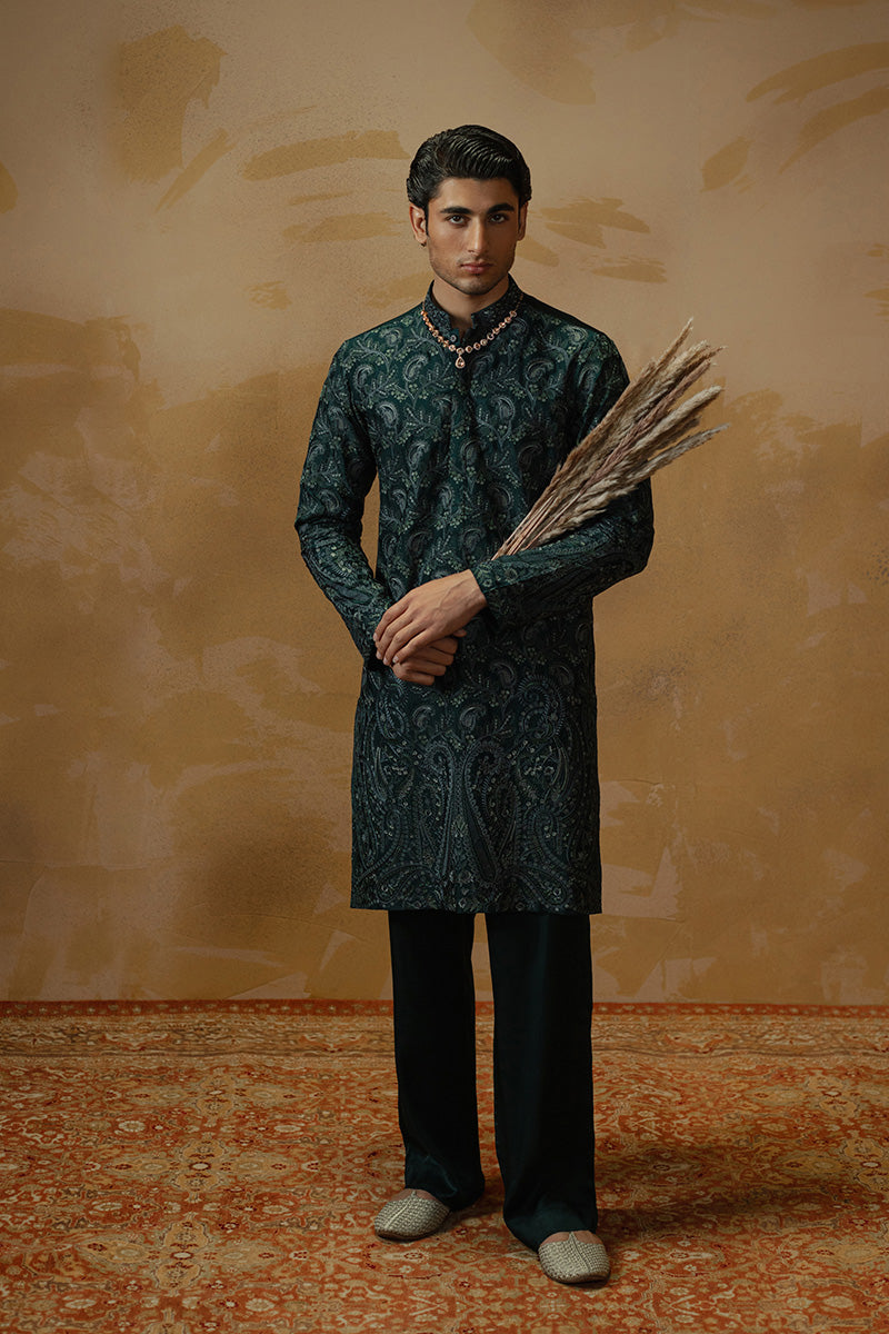 Teal Paisley Tilla Embroidered Silk-Blend Kurta Pajama (2-Piece) - Image 4