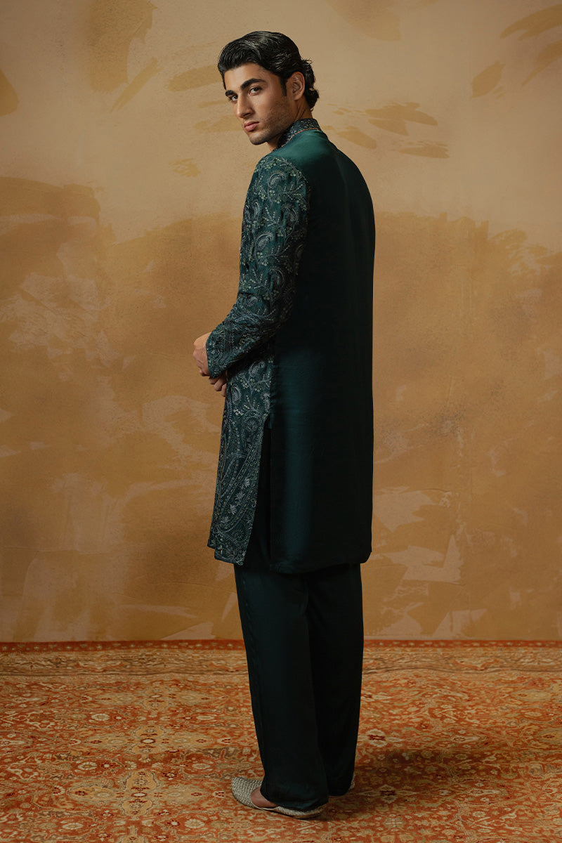 Teal Paisley Tilla Embroidered Silk-Blend Kurta Pajama (2-Piece) - Image 5