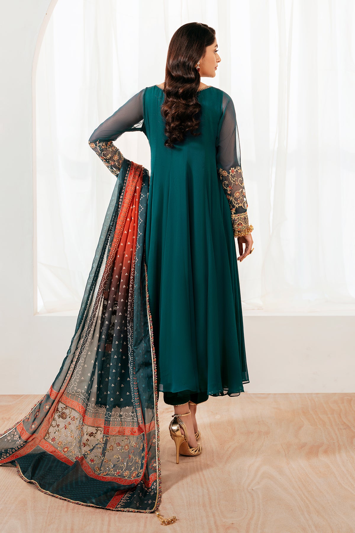 Deep Teal Embroidered Chiffon Frock (3-Piece) - Image 2