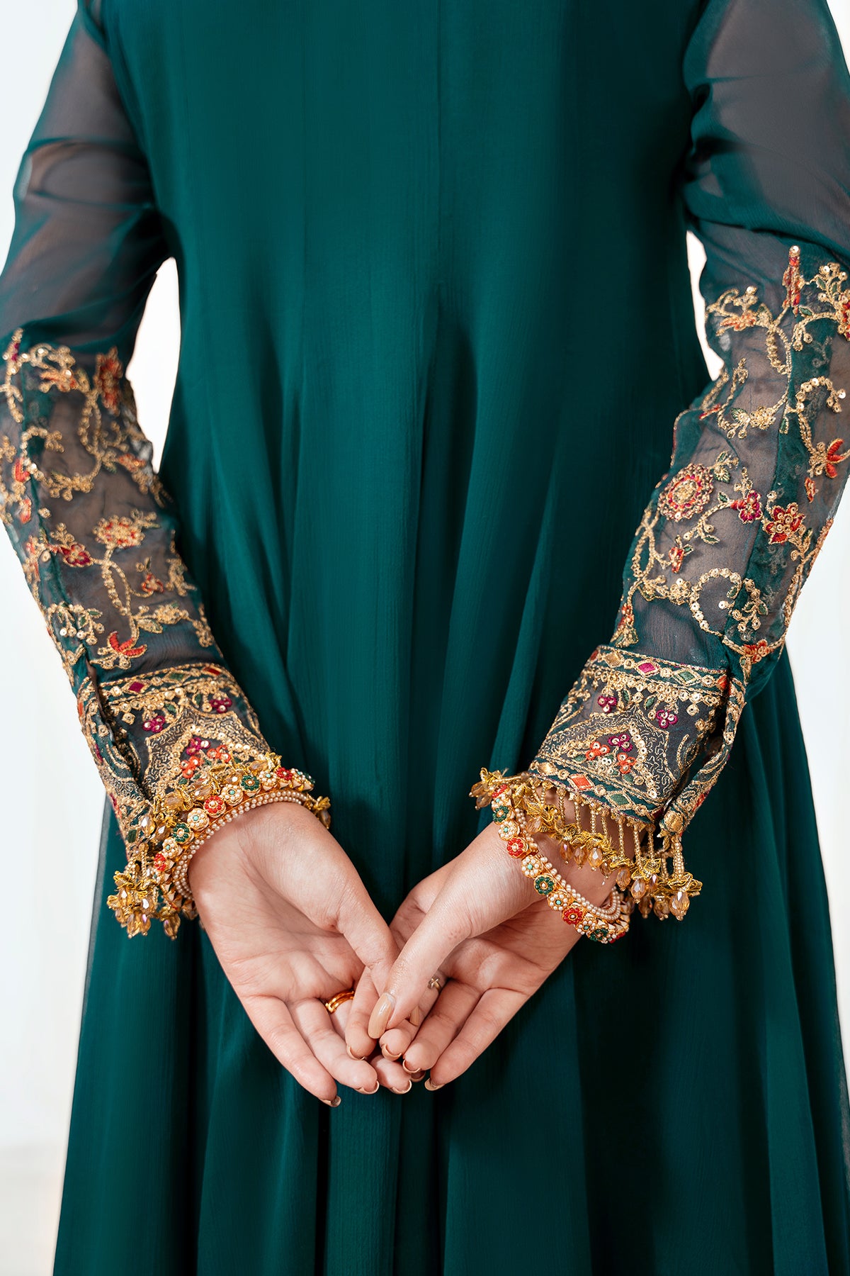 Deep Teal Embroidered Chiffon Frock (3-Piece) - Image 3