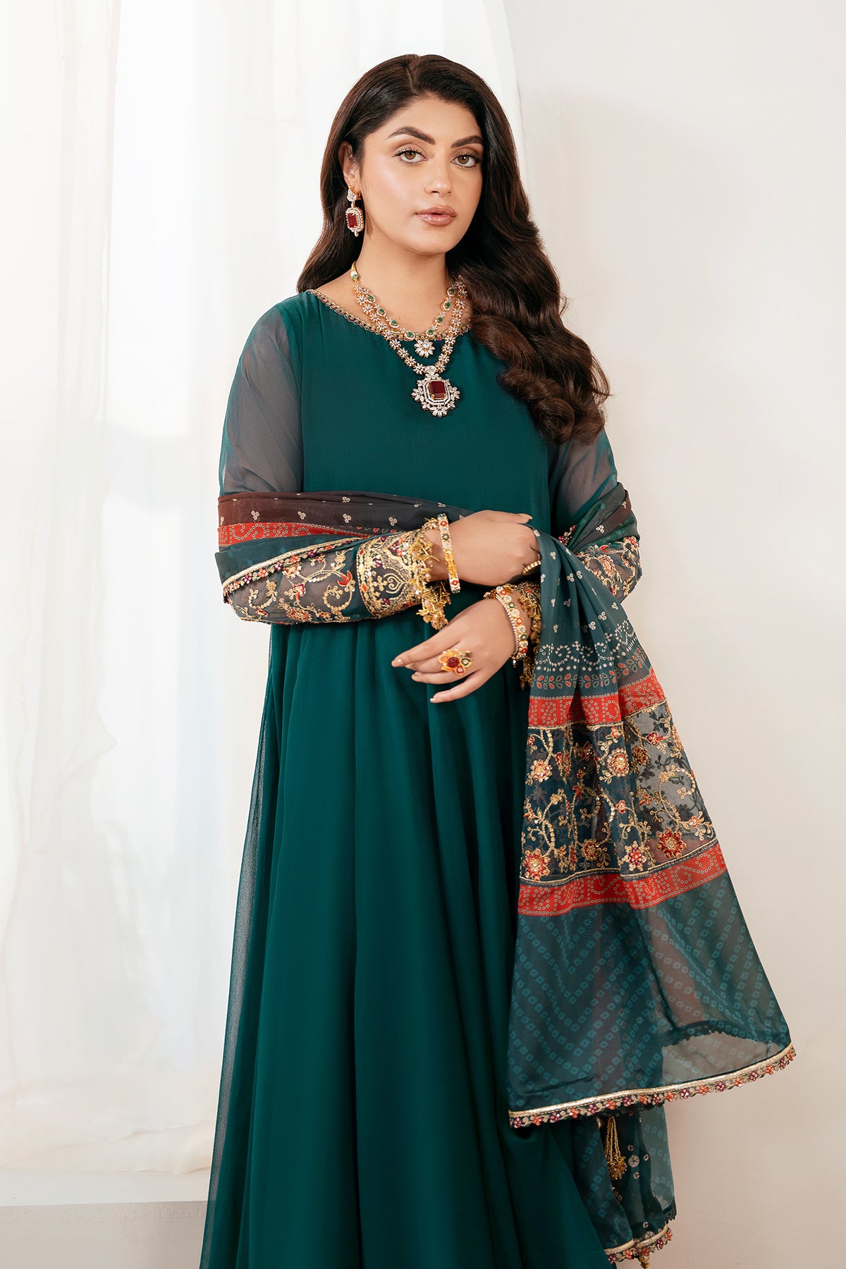 Deep Teal Embroidered Chiffon Frock (3-Piece) - Image 4
