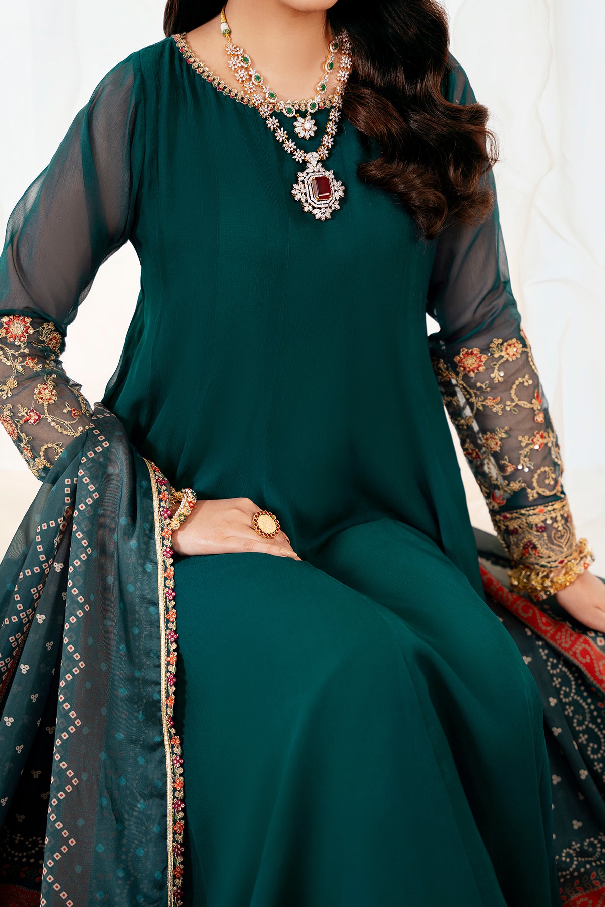 Deep Teal Embroidered Chiffon Frock (3-Piece) - Image 6