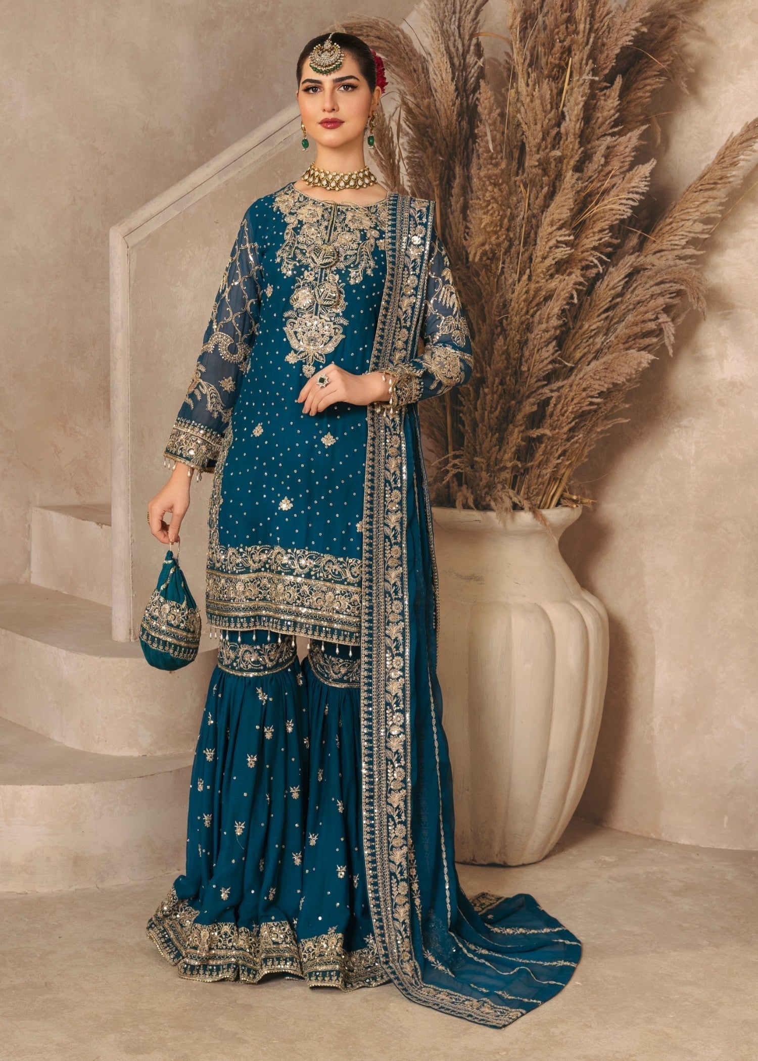 Pakistani Teal Embroidered Chiffon Gharara Set (3-Piece) - Image 1