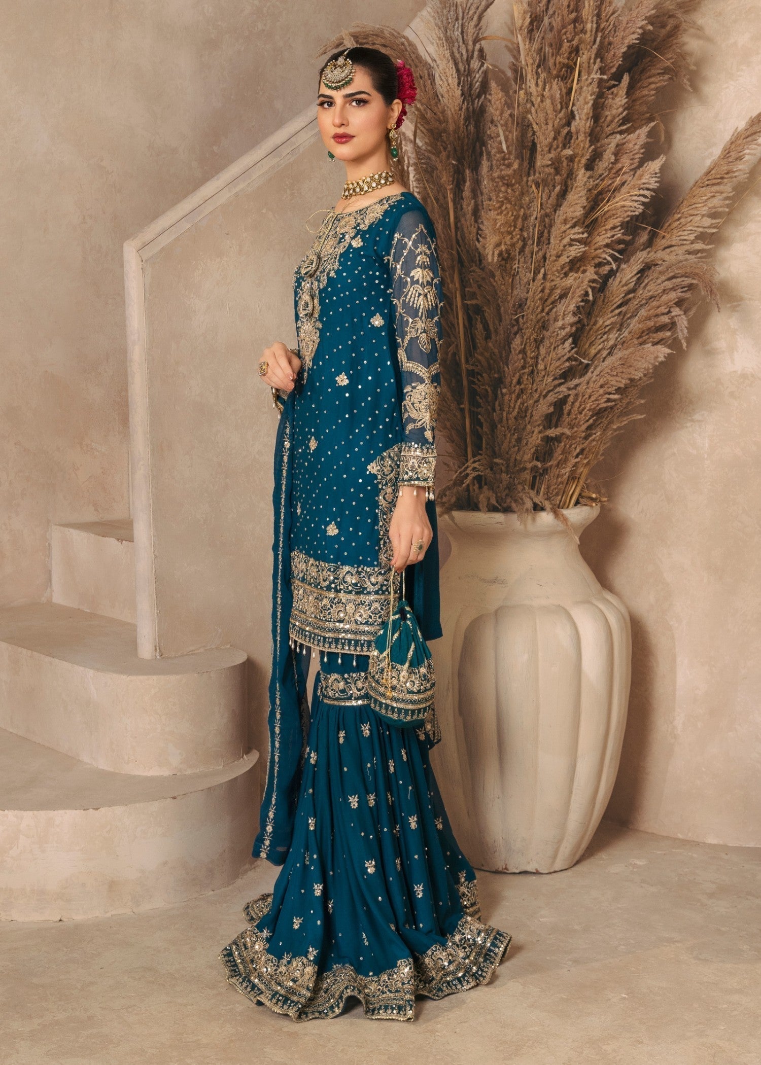 Pakistani Teal Embroidered Chiffon Gharara Set (3-Piece) - Image 2
